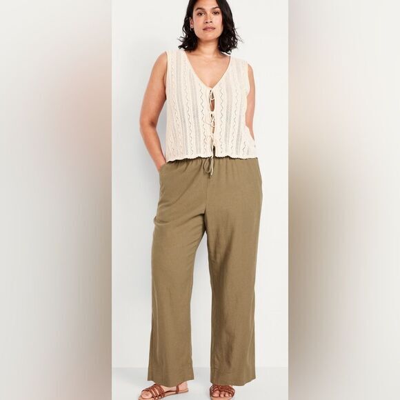 NWT Old Navy Plus Size Curvy Olive Green Linen Blend Pants Drawstring - Size 4XL - Picture 1 of 6